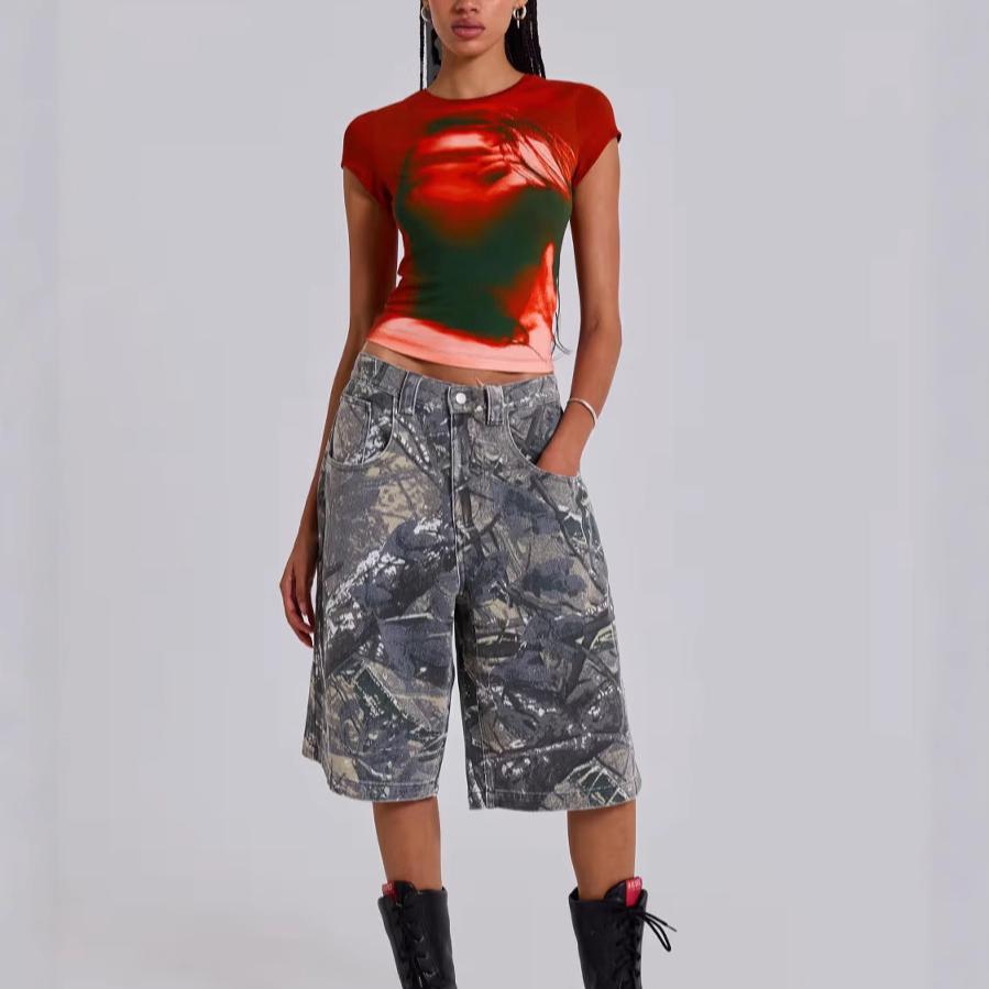 Унисекс с карманом в виде листа, камуфляжные джинсовые шорты, винтажные потертые брюки для мужчин и женщин, летние винтажные свободные прямые мешковатые шорты