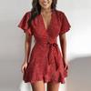 Summer V-Neck Casual Party Waist Wrapped Ruffle Dress Polka Dot Dress Beach Dress  Dress Slim Fit Women'S Belt Dress