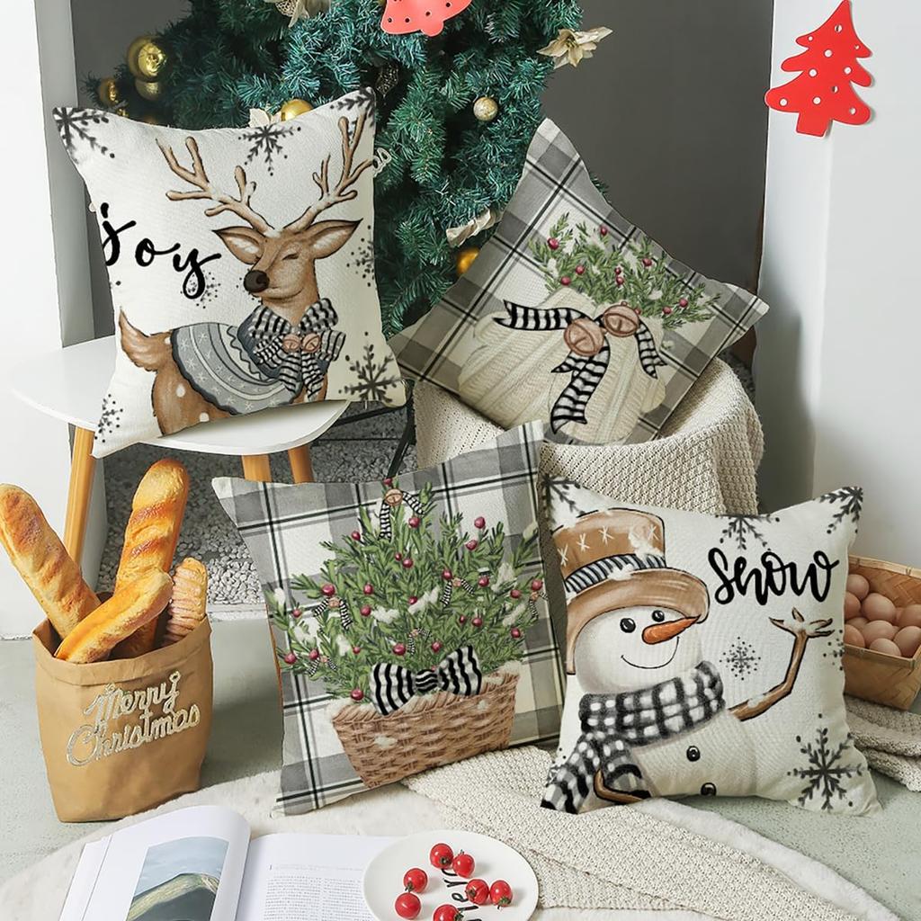 4 Set Christmas Cushion Cover Pillowcase 45cm Xmas Reindeer Snowman Cushion Covers Decorations for Home Ornament New Year Decor