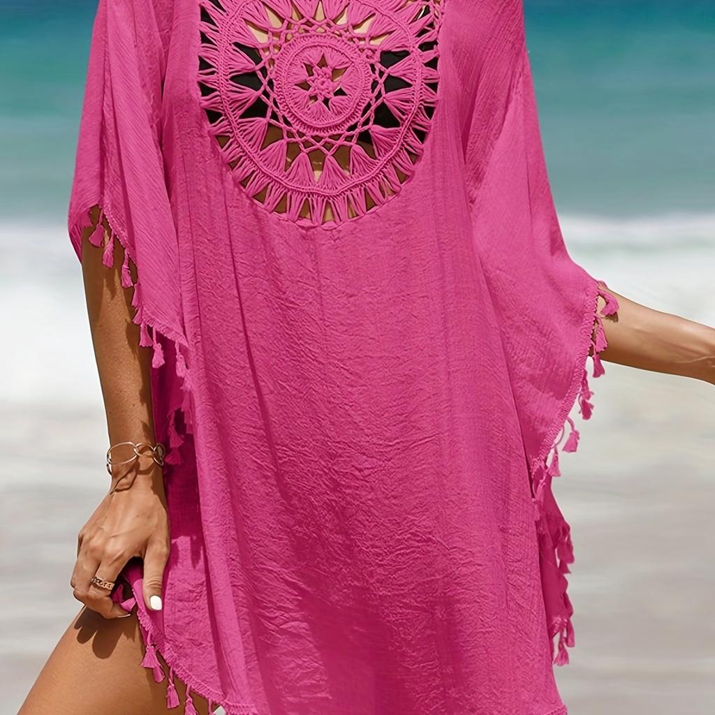 Вязаная крючком накидка в стиле бохо, женская накидка с круглым вырезом и кисточками, свободная посадка, женские купальники