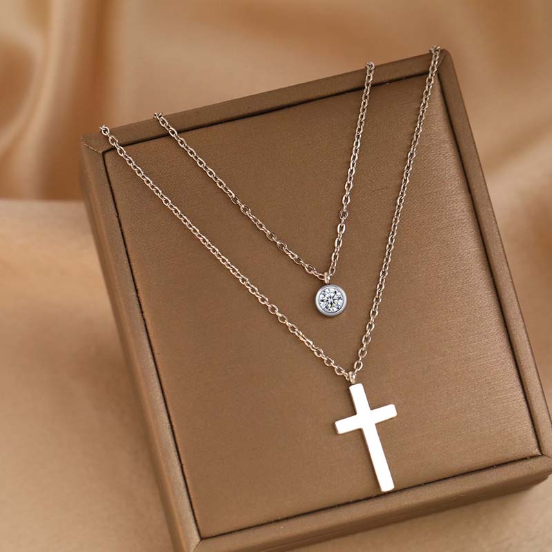 Stainless Steel Gold Color Cross Pendant Necklaces For Women Fashion Metal Double-layer Chain Necklace Jewelry Gift