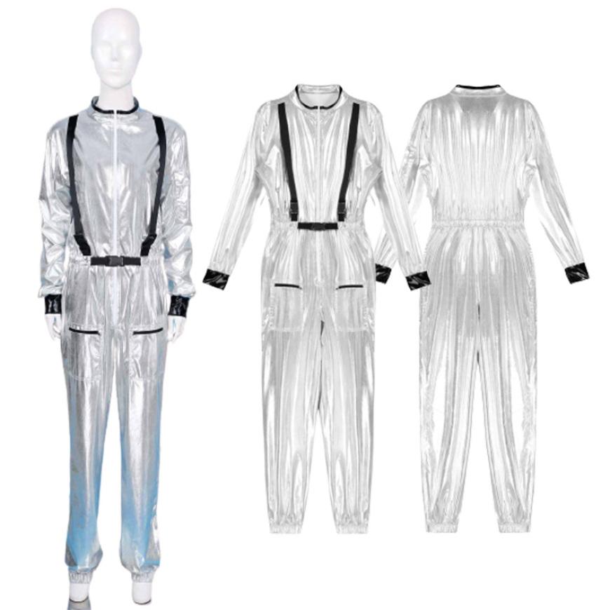 Женский костюм астронавта для ролевых игр, костюм на Хэллоуин, металлический блестящий комбинезон с длинным рукавом и боди на молнии
