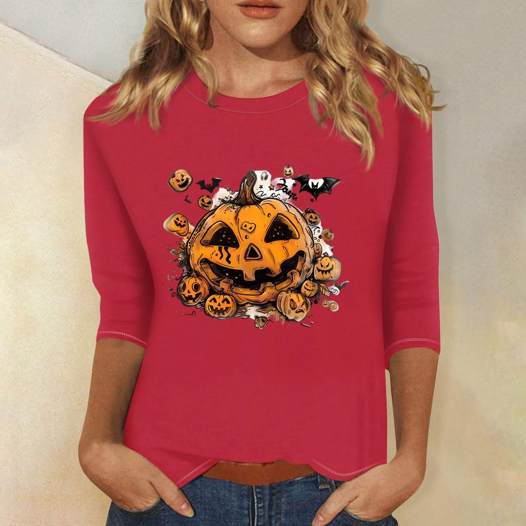 Women's Fashion Casual Three-quarter Sleeve Halloween Printed Round Neck Top