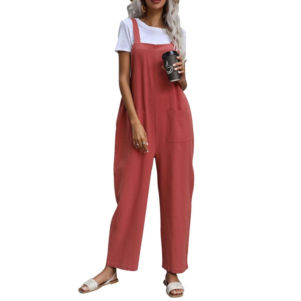 Женская мода, летние брюки-комбинезон из хлопка и льна, свободный повседневный комбинезон с карманами