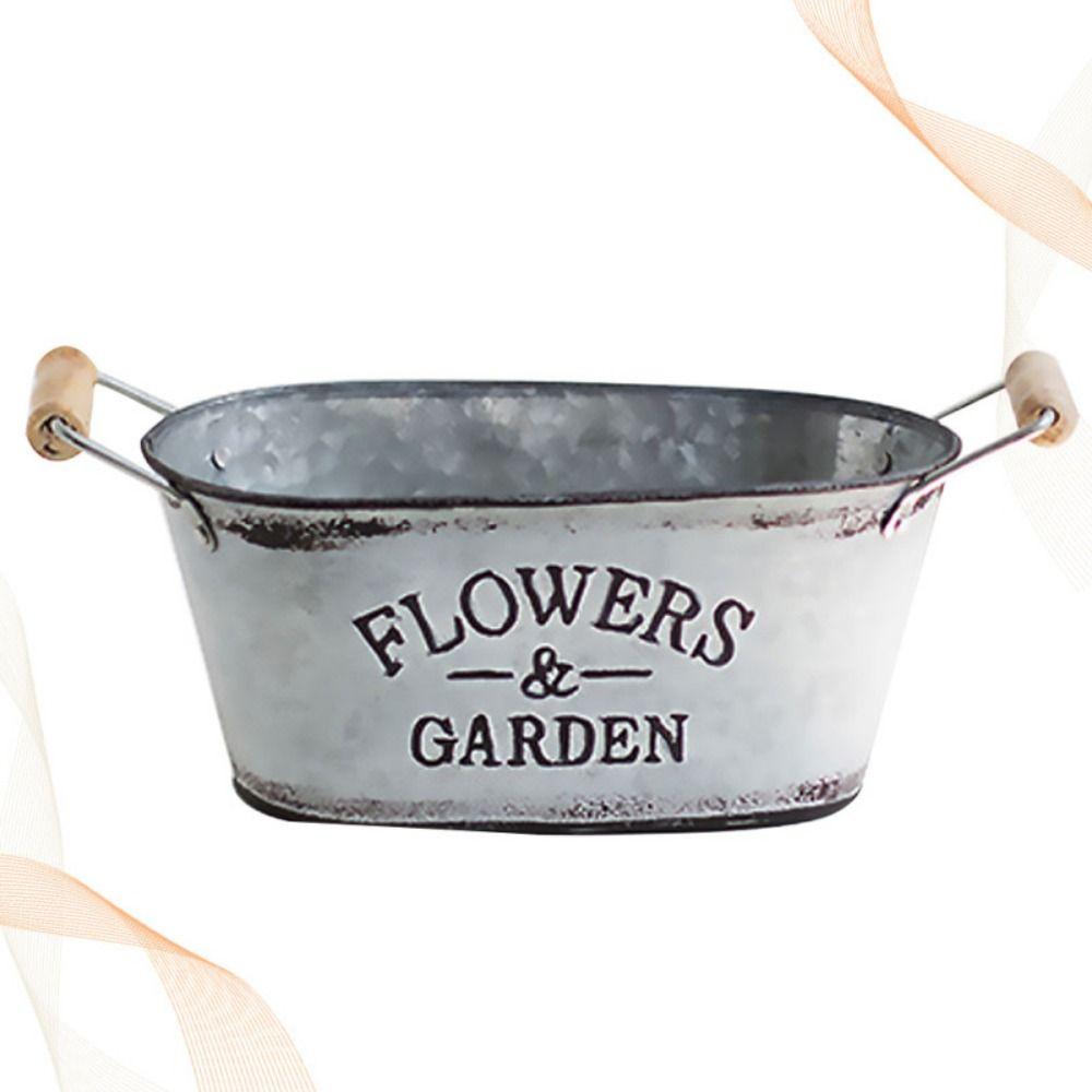 Rustic Iron Oval Flowerpot European Style Wooden Flower Bucket Retro Flower Vase  Succulent Plants