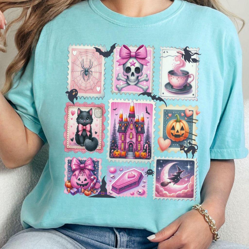 Pink Goth Halloween T-Shirt and kids tshirt: Comfort Colors Postage Stamp Tee