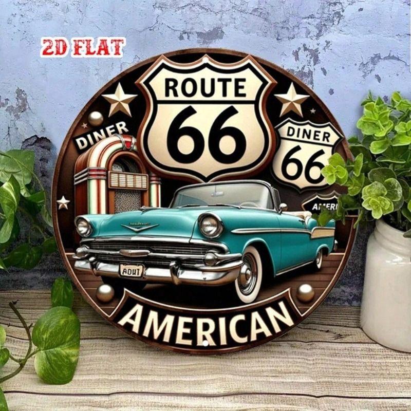 Металлический плакат Route 66 Ретро Настенное искусство, Винтажное украшение для гаража Классический автомобиль Дизайн дайнера 20x30 см Без рамки