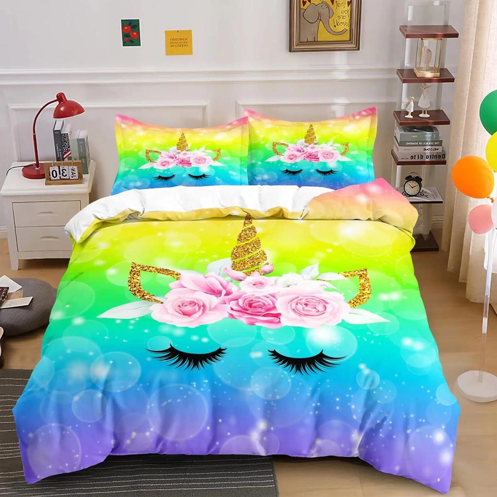 Милый комплект постельного белья с единорогом Односпальный Полуторный Двуспальный Квинсайз Кингсайз Полиэстер Спальня Пододеяльник Взрослый Детский Одеяло Покрывало Комплект