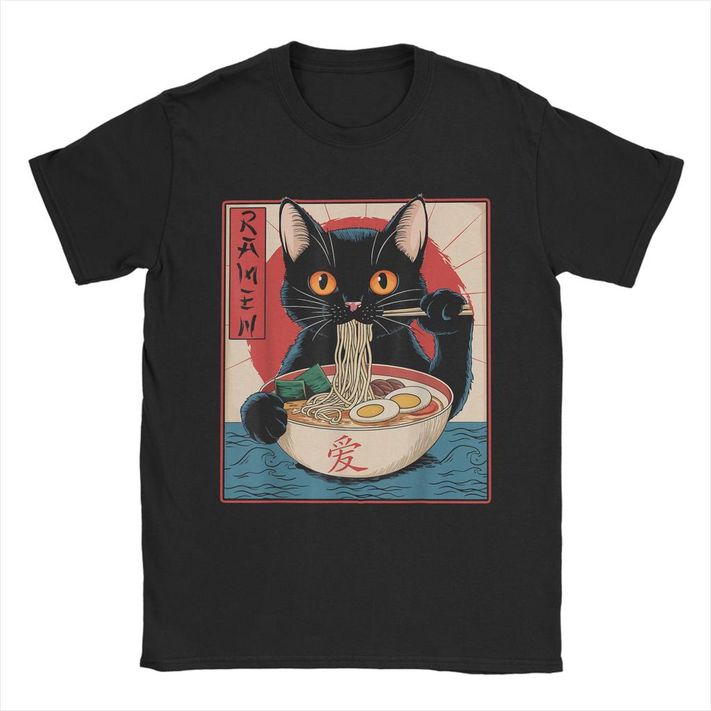 Men Japanese Black Cat Ramen T Shirt Kawaii Noodle Cat Cotton Clothes Humor Short Sleeve Round Collar Tees Gift Idea T-Shirt