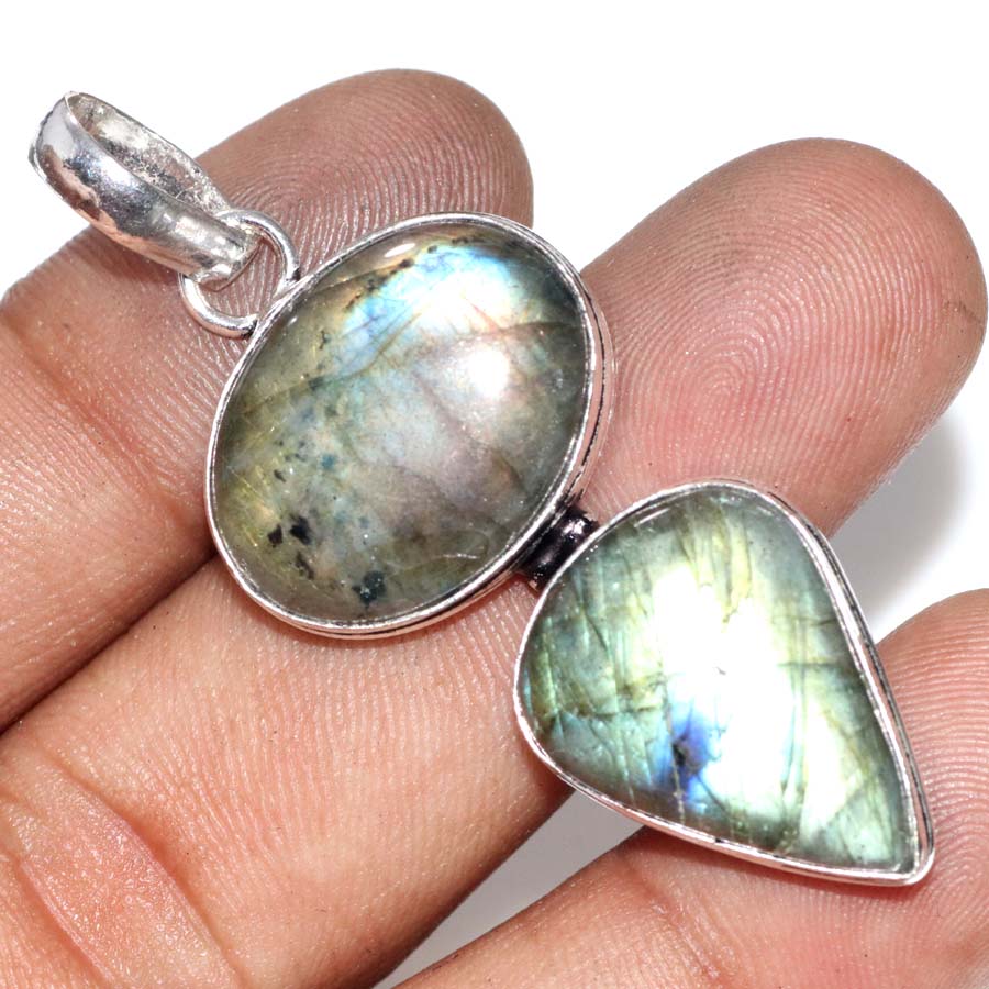 Long Fiery Labradorite 925 Silver Plated Pendant 2" Gift Jewelry Trendy K0R86