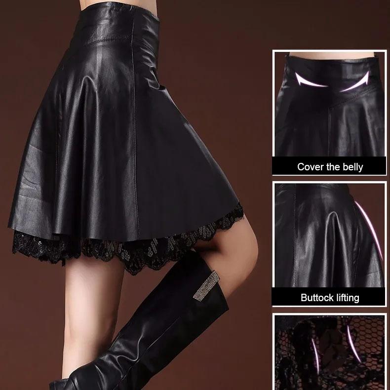Women's Artificial Leather Skirt High Waist Sexy Lace Stitching A-line Skirt Autumn Winter Sexy Black Pleated Skirt