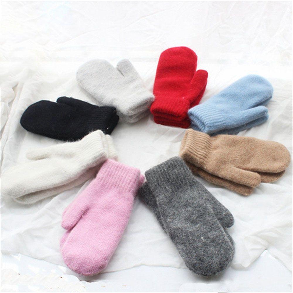 Women Girl Solid Color Soft All Fingers Double Layer Rabbit Hair Mittens Winter Gloves