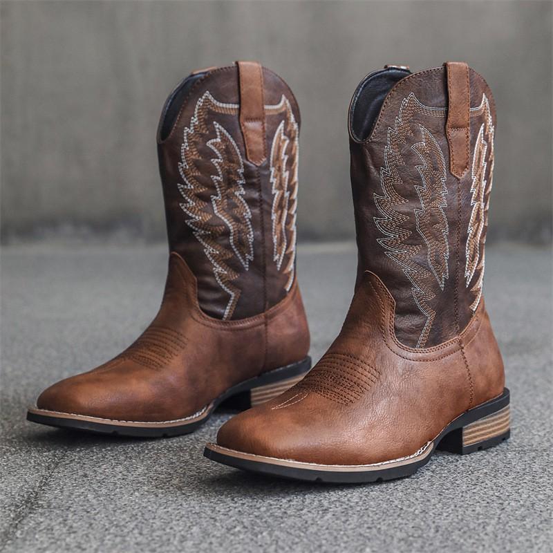881 Cowboy Boots Men Embroidered Western Knee High Square Toe Low Heel Plus Size 39-47
