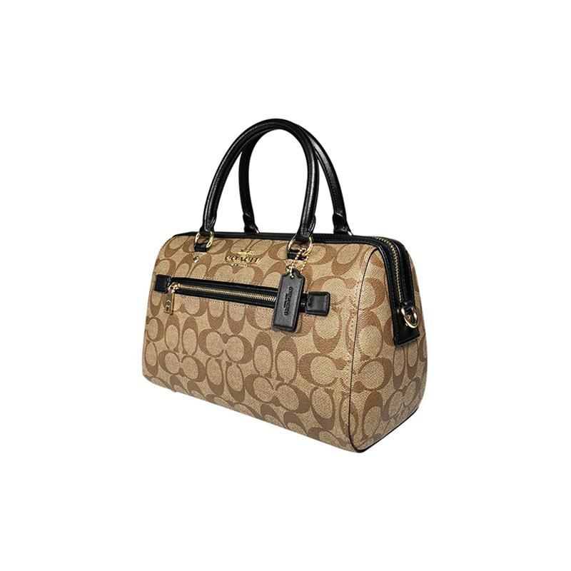 COACH Rowan 27 Boston Presbyopia canvas with leather shoulder crossbody bag large size for women light brown with black edges