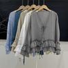Lotus leaf edge temperament lace-up cardigan 1116 spring new, thin ramie loose versatile age-reducing sunscreen top
