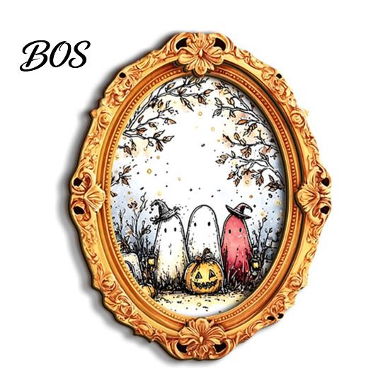 Halloween Party Favors Wooden Frame Refrigerator Magnet, Retro Oval Fridge Vintage Magnet Pumpkin Ghost Magnetic Decoration for Kitchen Illustration