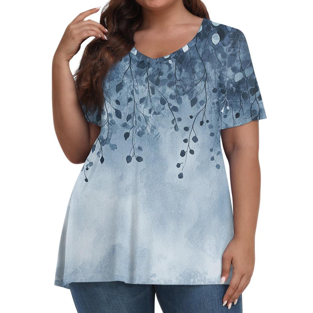 Женская мода повседневная футболка с коротким рукавом и V-образным вырезом большого размера с принтом
