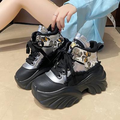 Модные 8,5 см Осенние Высокие 2024 Женские Кроссовки На Шнуровке Ботильоны Дышащие Повседневные Холщовые Туфли Толстая Подошва Вышивка Короткие Ботинки