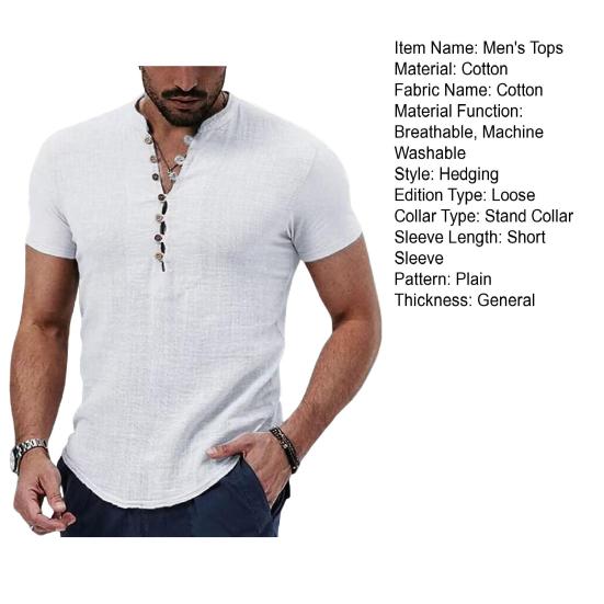 Men's Cotton Linen Shirt Casual Button Top Loose Fit Short Sleeve T-shirt Breathable Summer Clothes for Daily Wear