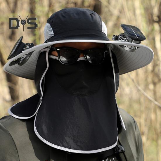 Wide Brim Sun Hat with 2 Solar Fan UV Protection Bucket Hat with Neck Flap And Face Guard 3 Speed Adjustable Fan Hat for Outdoor Fishing Camping