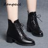 ZANPACE 2025 Новые зимние ботинки Женские на шнуровке Сохраняющие тепло Меховые Женские осенние туфли Кожаные На высоком каблуке С острым носком Женские ботильоны
