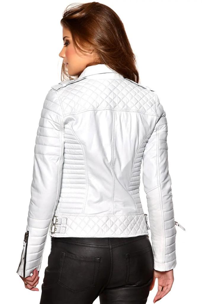 New Women Jacket White Stylish Genuine Lambskin Leather Handmade Biker Motorcycle Soft
