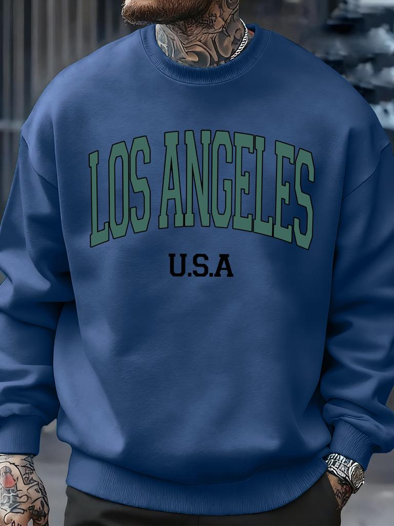 Los Angeles Usa Letter Pattern Men Sweatshirt Casual Oversize Sportswear All-Match Fleece Pullovers Crewneck Fashion Man Tops
