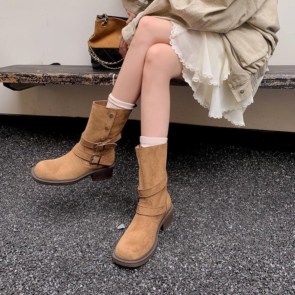 Версия из овчины~ Ретро ботинки на толстой подошве с наборным каблуком Осенние ботильоны Maillard с увеличением роста Универсальные ботинки-мартин на толстом каблуке с ремешком и пряжкой