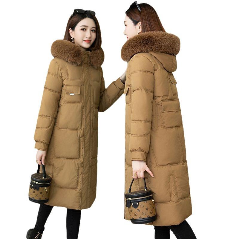Куртка женская длинная с меховым воротником выше колена, новая зимняя женская тонкая куртка с капюшоном