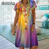 Платья Tie Dye с разноцветным градиентом и цветочным принтом для летних женщин, с коротким рукавом, свободное платье, повседневное, с V-образным вырезом, женская одежда оверсайз