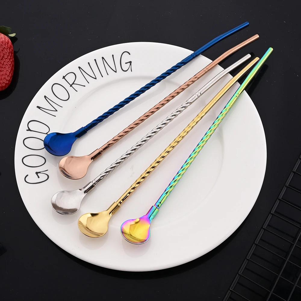 10 шт. многоразовая ложка-соломинка из нержавеющей стали, цветная металлическая соломинка, коктейльная ложка-соломинка, аксессуар для помешивания кофе в молочном баре