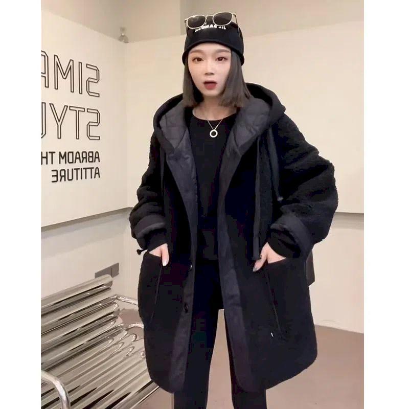Lamb Cashmere Coat Female Autumn Winter Fashion Patchwork Fake Two Hoodie Hoodie Loose Matching Woolen Coat Solid Color