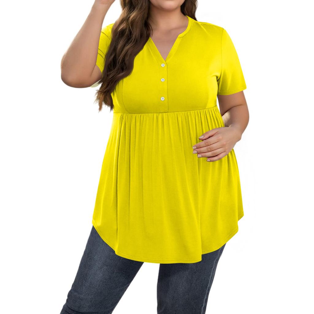 Women's Solid Color Large Size V Neck Button-Up Top Casual Short Sleeve Flowy Top