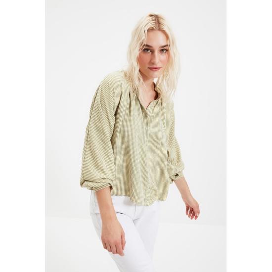 Blouses & Shirts Judge Collar Gingham Balloon Sleeve Shirt