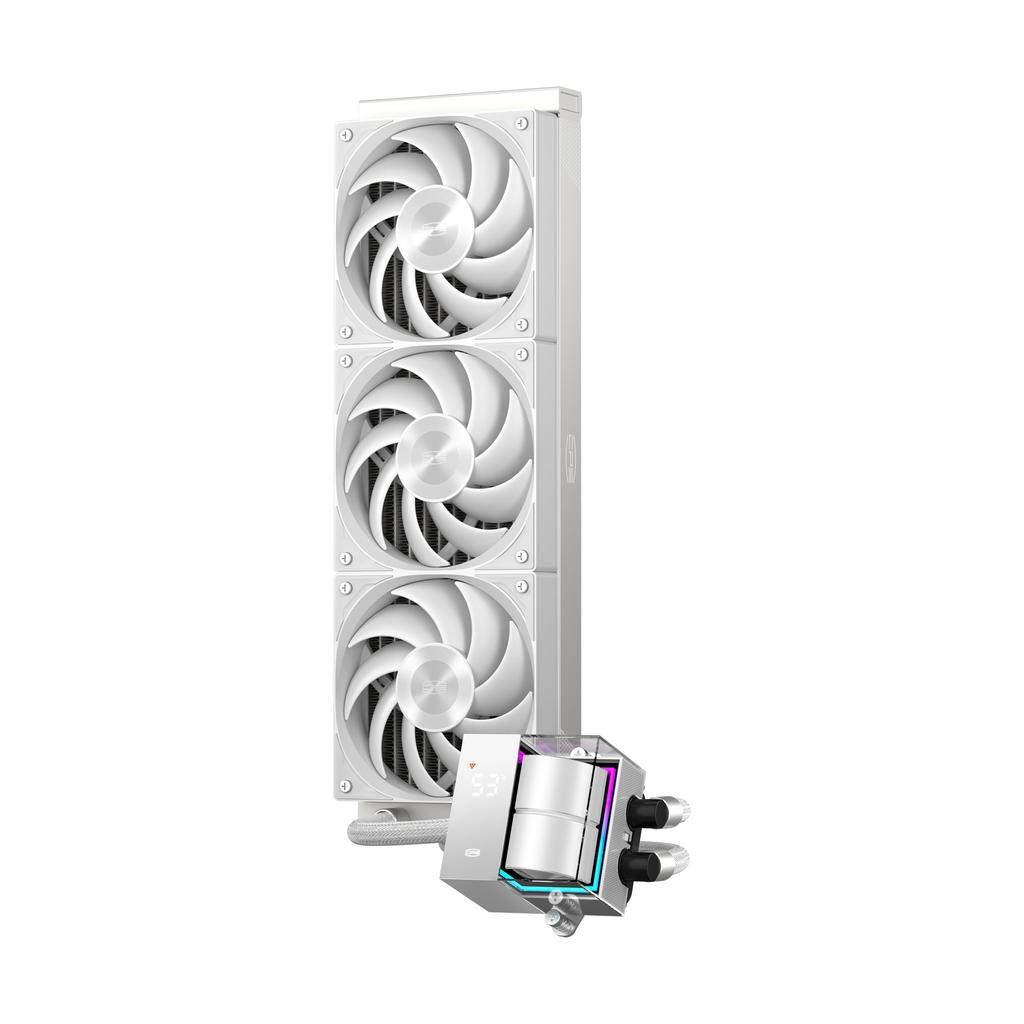 PCCOOLER CPS DS360 AIO Liquid CPU Cooler 360mm Radiator with Digital Monitor 3 Pack F5 R120 Case Fan Compatible with AM4 AM5 Intel LGA White AIO
