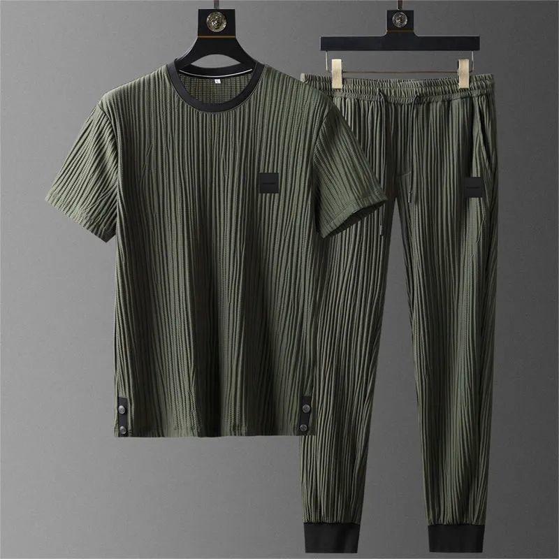 Men Outfit Sports Men's Summer Pleated Shirt Pants Two Piece Set Breathable Tracksuit Daily Wear Soft Thin Casual