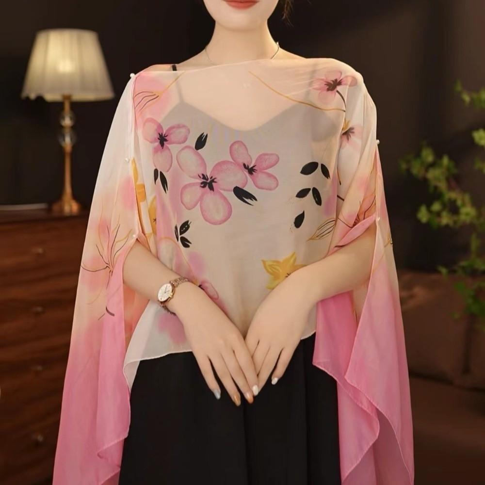 Long Length Sun Protection Shawl Flower Pattern Chiffon Scarf Breathable Shawl  Outdoor Activities