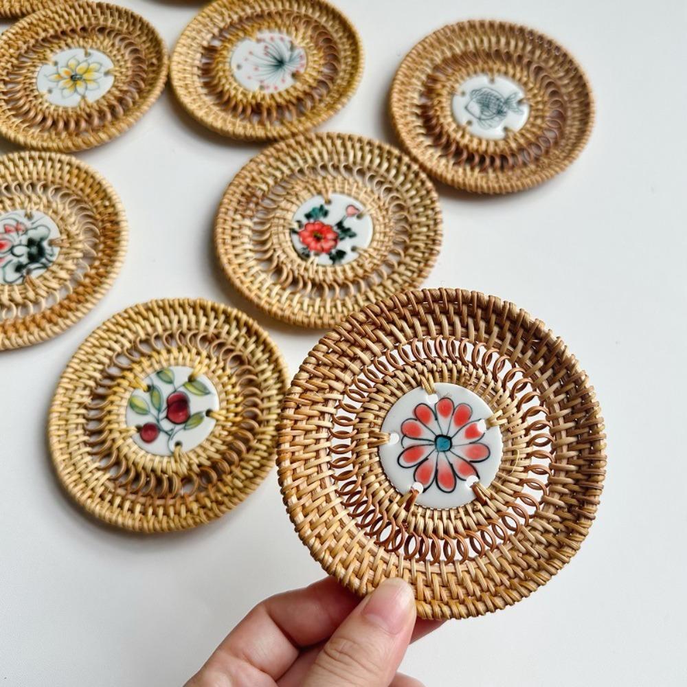 Rattan Weaving Teacup Mat Handmade Drink Cup Mat Vietnamese Rattan Ceramic Coaster Bar
