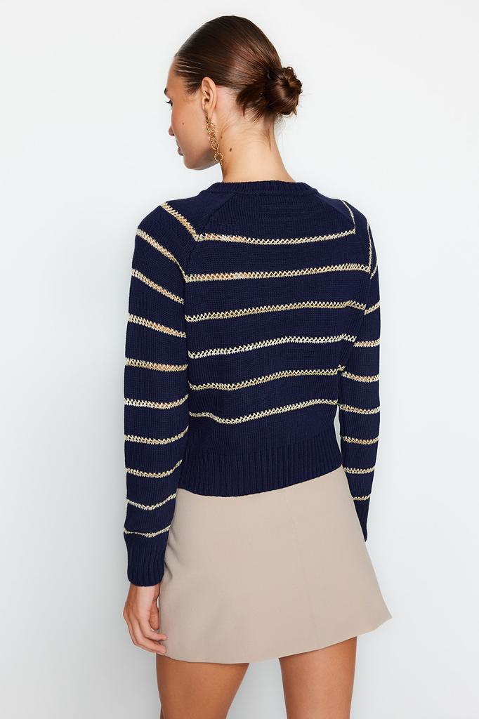 Женский модный новый свитер, темно-синий трикотаж в блестящую полоску, свитер