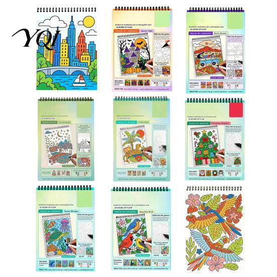 Mindful Coloring for Relaxation Trace-By-Groove Guided Book, Clear Artistic Printing with 20 Decorative Spiral Bound Drawing Album Scenes And