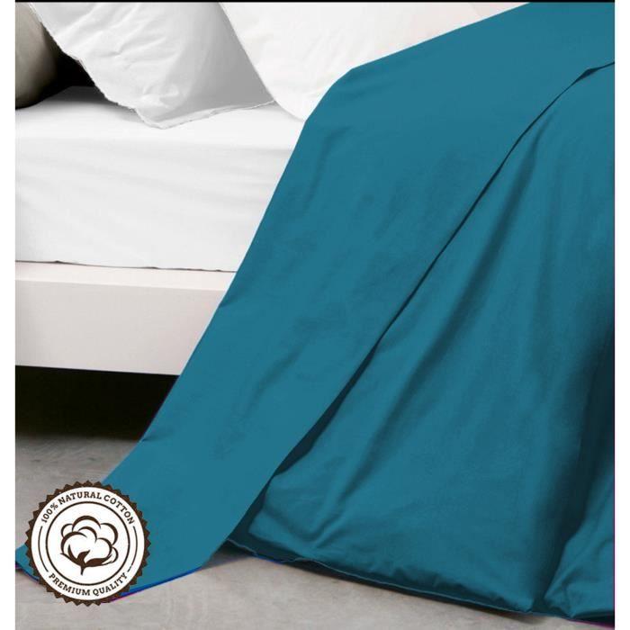 Drap Plat - Bleu Vert - 240x300 cm - 100% Coton - Lavable en machine - 2 Personnes