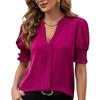 Summer Women's Shirt V-neck Temperament Bubble Sleeve Solid Colour Shirt Short Sleeve Top