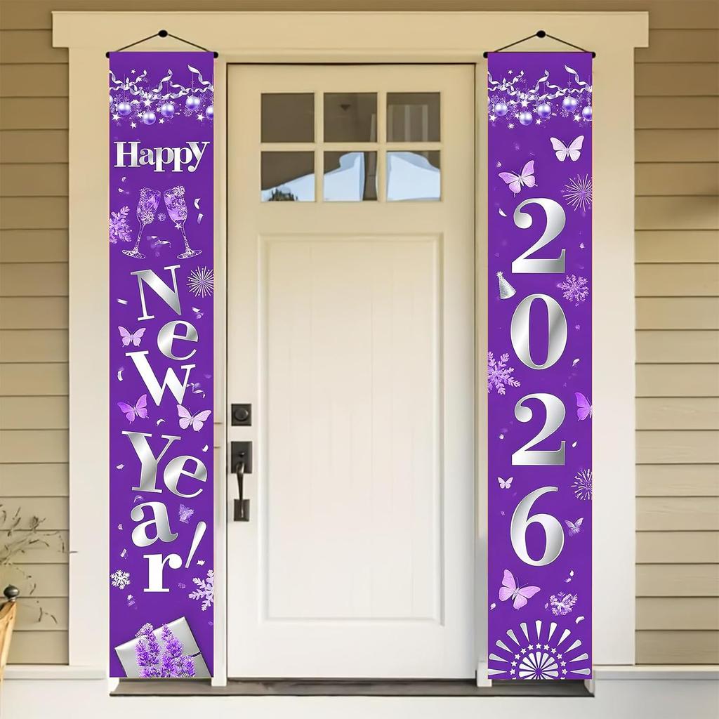 Happy New Year 2026 Door Banner Decoration 71 x 12 Inch Vertical Hanging Porch Sign Purple Butterfly Party Supplies Festive Entryway Welcome Decor
