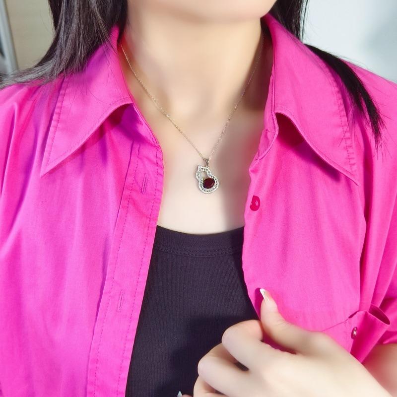 Women's S925 Sterling Silver Gourd Necklace Natural Crystal Topaz Garnet Clavicle Chain Jewelry Gift