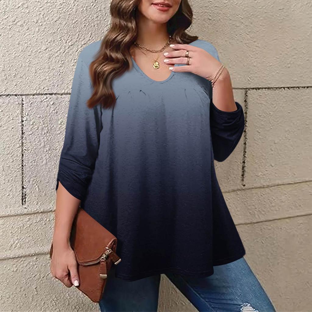 Women's Plus Size Fashion Printed Casual Pleated Round Neck Long Sleeve Top