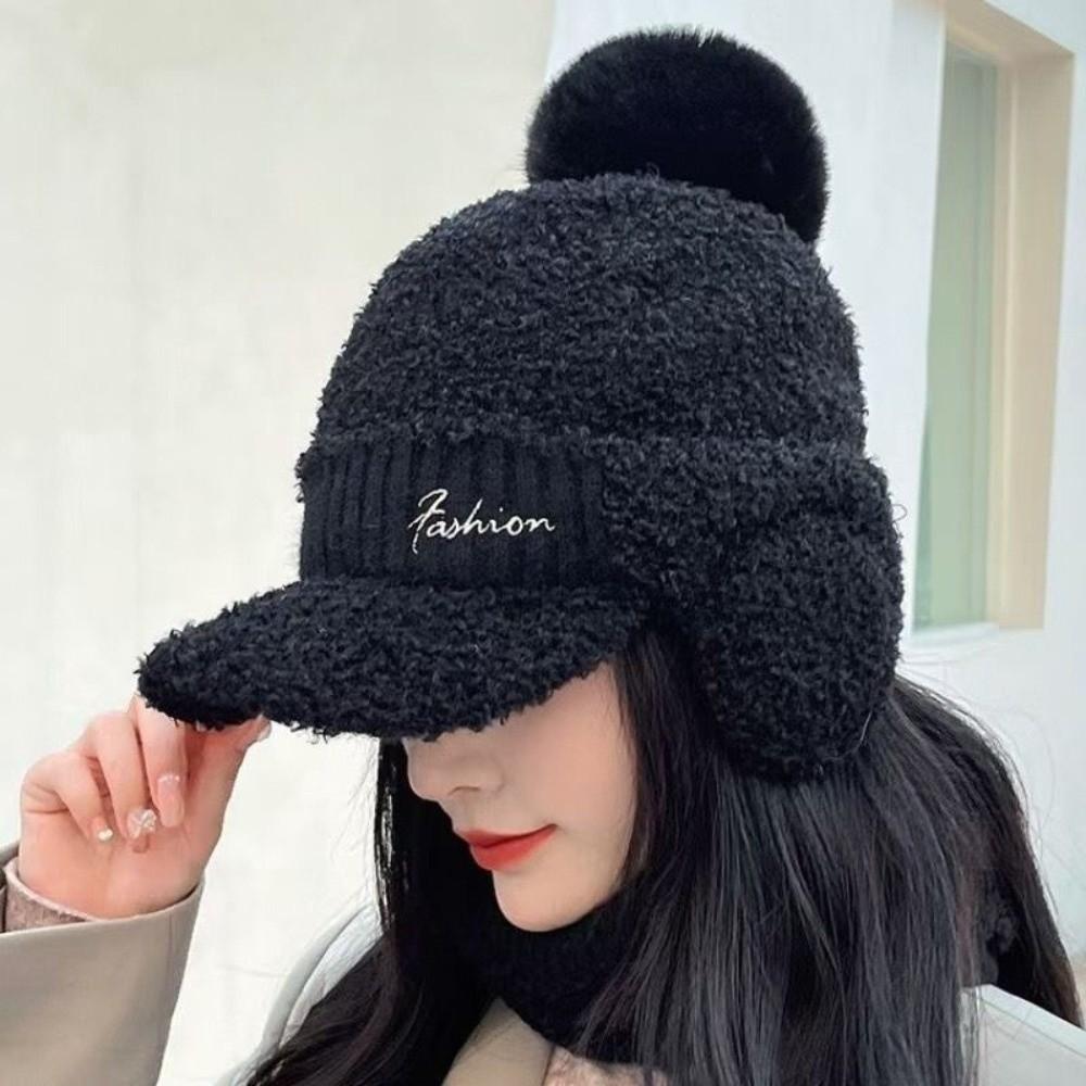 Solid Color Warm Earmuffs Cap Thermal Windproof Knitted Baseball Cap Versatile Thick Pompom Plush Beanie Outdoor Activities