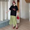 MODIQUE Summer Plus Size Women Loose Versatile Print Patchwork Pleated Cotton T-Shirt Long Dresses Female Casual Short Sleeve O-Neck Dresses
