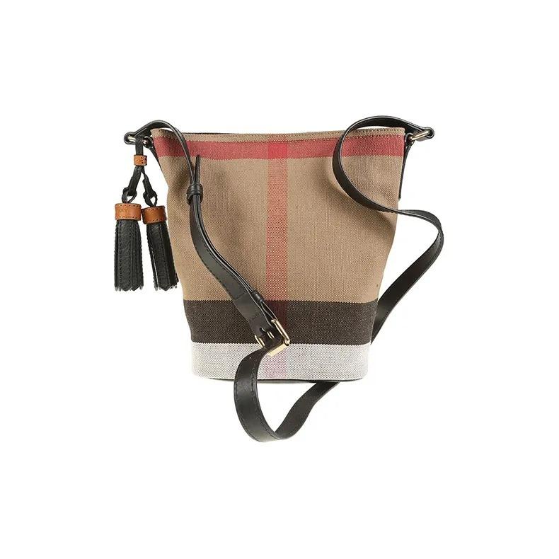 Burberry Classic Check Adjustable Strap Canvas and Linen Blend Tote Bag with Detachable Shoulder Strap Women's Brown
