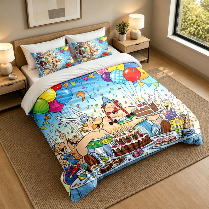 Soft Bedding Set Asterix & Obelix Pattern, 1 Duvet Cover plus 2 Pillowcases Stylish Bedroom Home Textile
