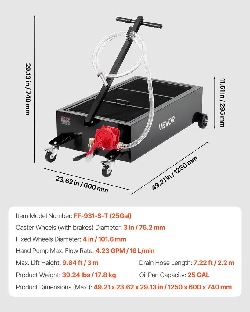 Low Profile Oil Drain Pan, 94.6 L Capacity, Rolling Oil Drain Pan with Manual Pump, 2.2 m Hose & T Folding Handle, Leak-proof & Corrosion-resistant,